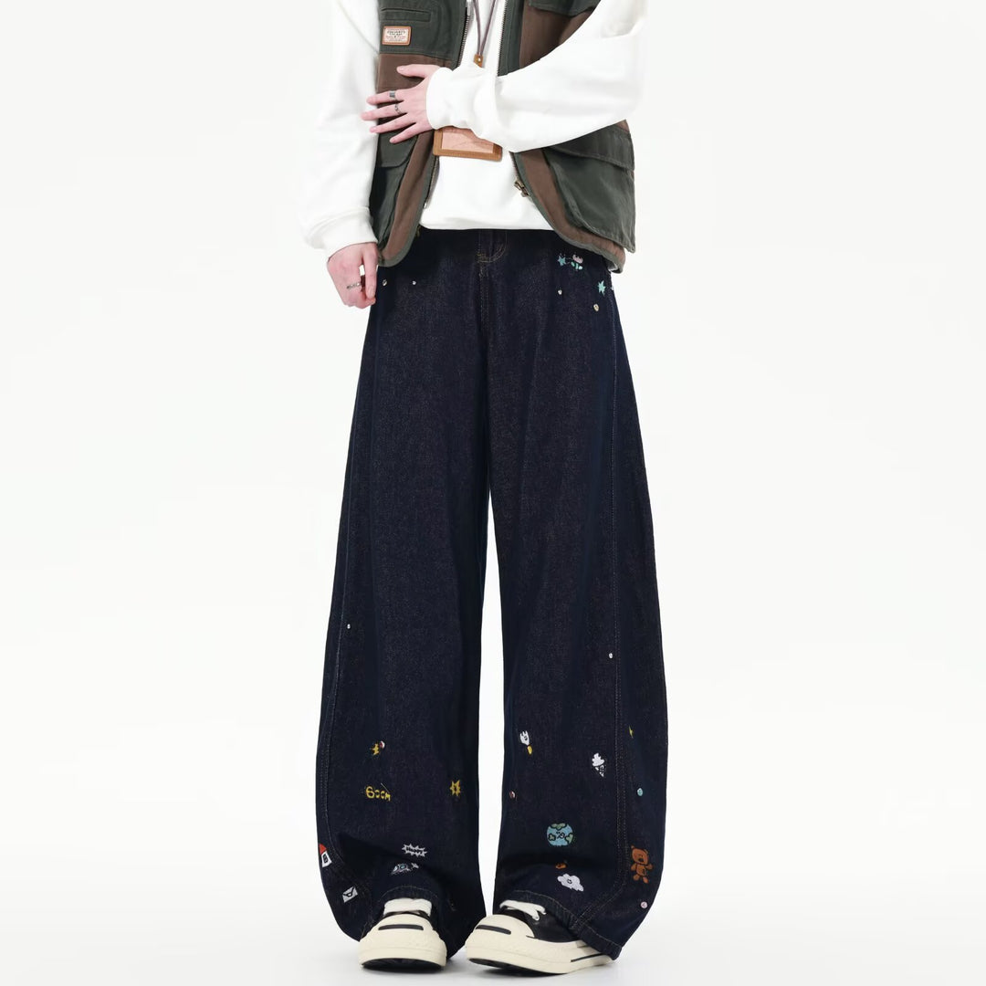 Damen Weit geschnittene Jeans mit bunten Stickereien EB