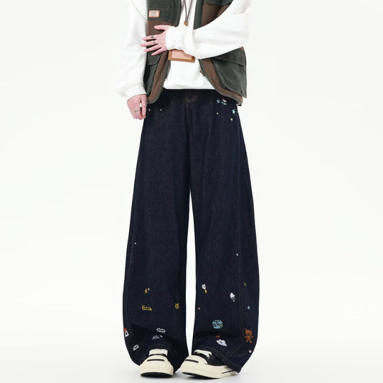 Damen Weit geschnittene Jeans mit bunten Stickereien EB