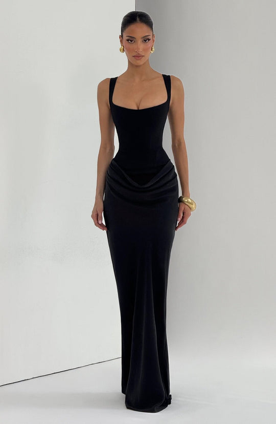 Damen Elegantes Maxikleid mit tiefem V-Ausschnitt und seitlichem Schlitz EB