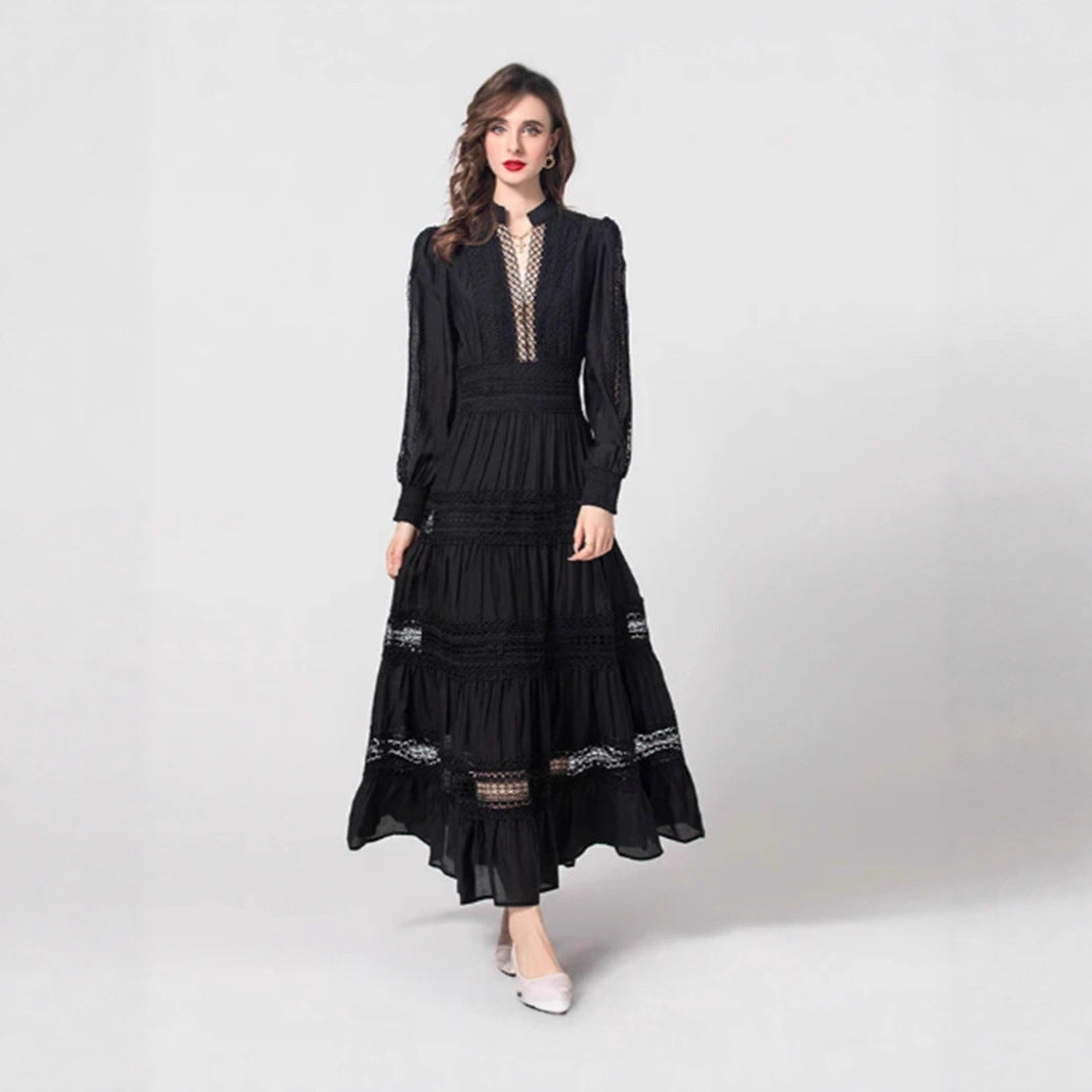 Damen romantisches Maxikleid mit transparenten Einsätzen und Rüschendetails EB