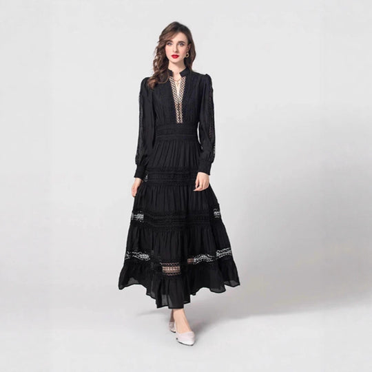Damen romantisches Maxikleid mit transparenten Einsätzen und Rüschendetails EB