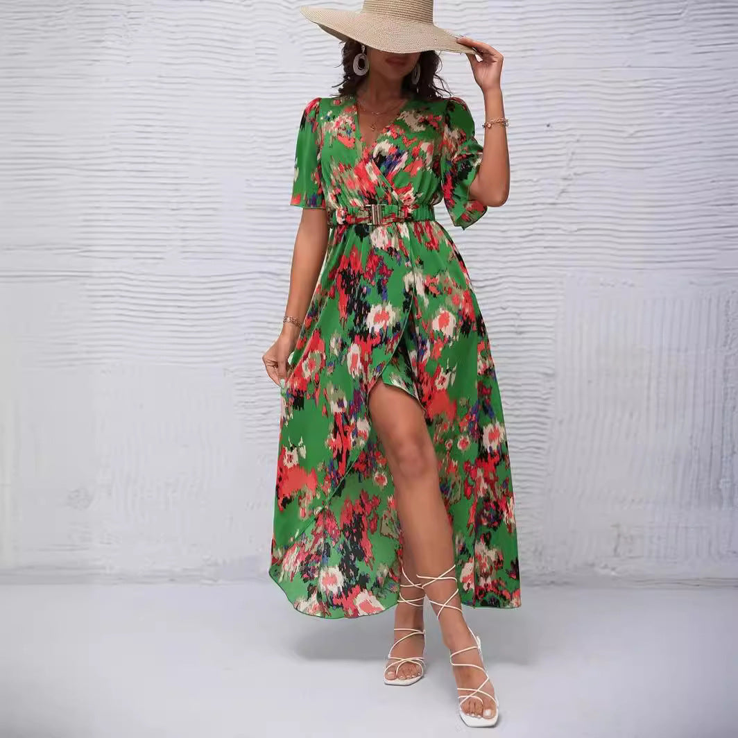 Damen Maxikleid mit asymmetrischem Saum und floralem Print EB