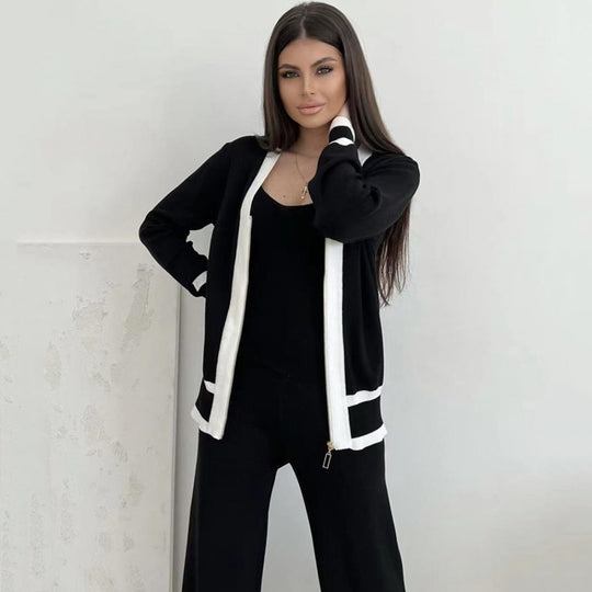 Damen lässiges Strick-Loungewear-Set mit hochwertigem Zip-Cardigan und Weitbein-Hosen EB