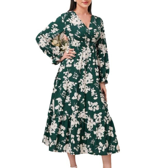 Damen Elegantes Maxikleid mit floralen Details und V-Ausschnitt EB