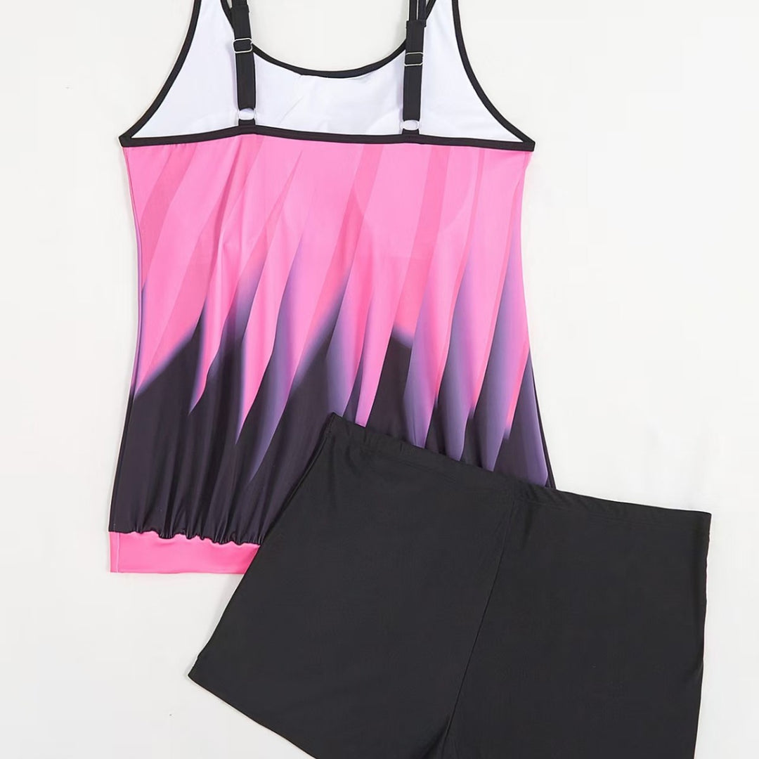 Damen Sportliches Tankini-Set mit farbenfrohem Oberteil und bequemen Shorts EB