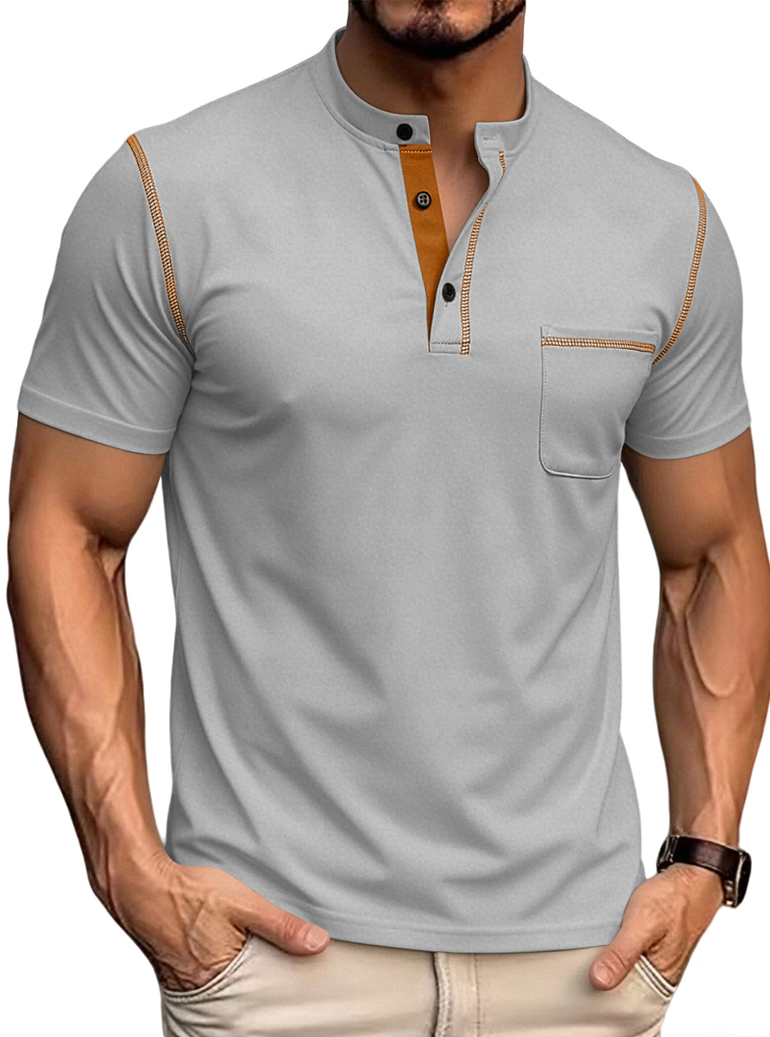 Herren nan kurzärmeliges Polohemd mit Stehkragen Knopfleiste Brusttasche aus elastischer Baumwollmischung EB