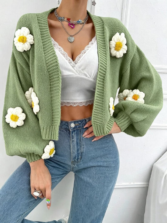 Damen Kurzgeschnittener Grobstrick-Cardigan mit 3D-Blütenapplikationen EB