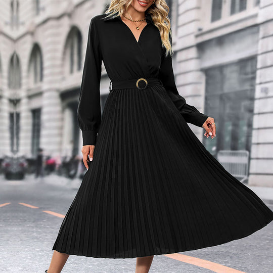 Damen Plissiertes Midikleid mit eleganter Wickeloptik und Taillengürtel EB