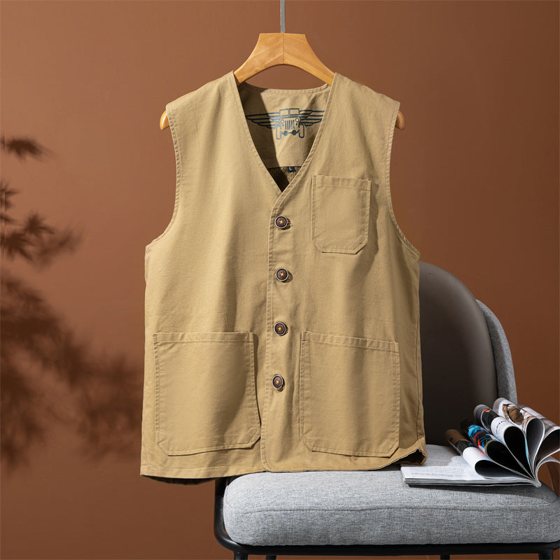 Herren Canvas-Utility-Weste mit Mehrfachtaschen und Knopfleiste EB