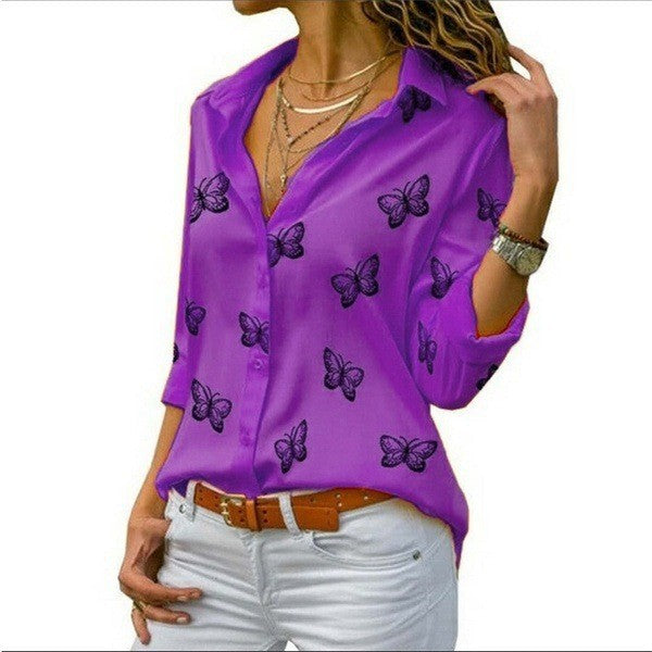 Damen nan lockere Longbluse mit Schmetterlingsprint und Hemdkragen EB