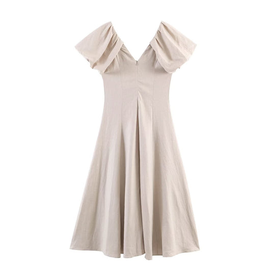 Damen V-Ausschnitt Kleid mit voluminösen Puffärmeln und schwingendem Rock EB