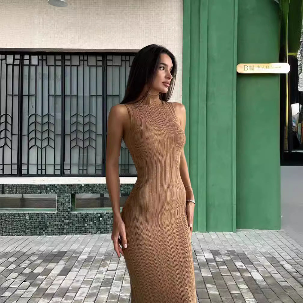 Damen figurbetontes Maxikleid mit hohem Kragen und elegantem Rippmuster EB