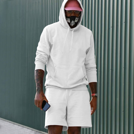 Herren nan zweiteiliges Freizeit-Set Hoodie und Sweatshorts aus French Terry mit Kängurutasche und Tunnelzug EB