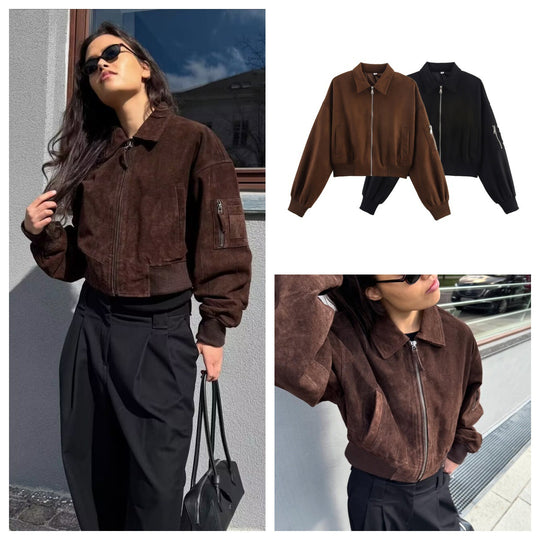 Damen modische Kunstlederjacke mit praktischen Taschen EB