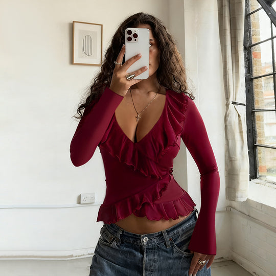 Damen lässiges Wickeloberteil mit Rüschendetails und V-Ausschnitt EB