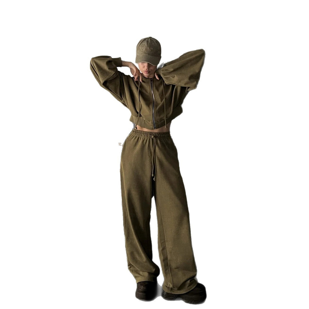 Damen Cropped-Zip-Hoodie und weite High-Waist-Loungehose Zweiteiler EB