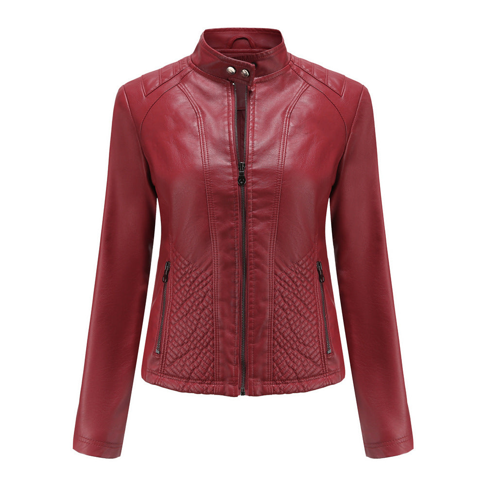 Damen nan taillierte Kunstlederjacke im Bikerstil mit Stehkragen und gesteppter Seitenpartie EB