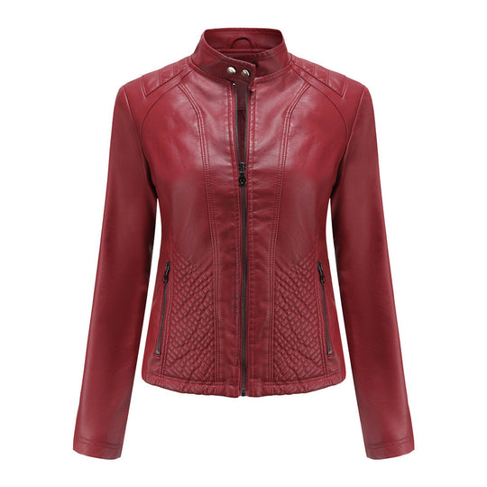 Damen nan taillierte Biker-Kunstlederjacke mit Stehkragen und gesteppter Seitenpartie EB