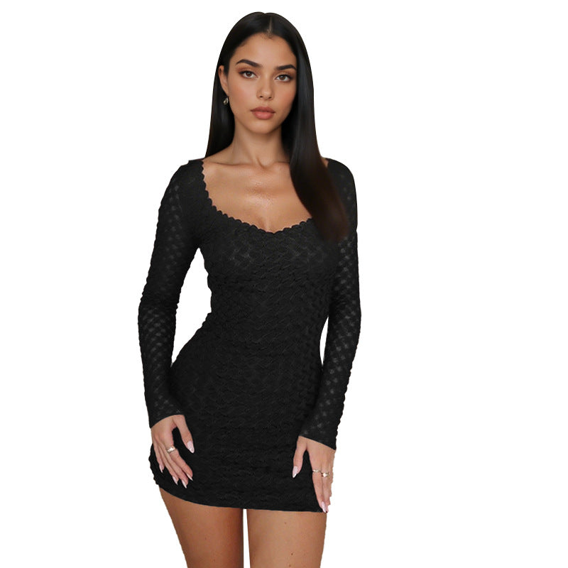 Damen figurbetontes Minikleid mit langem Arm und raffiniertem Wellenmuster EB