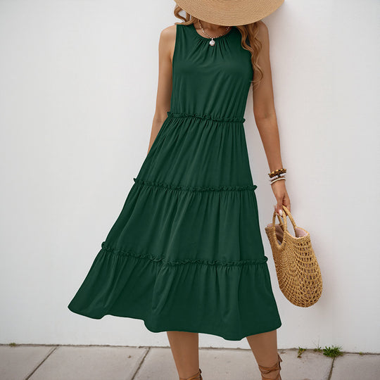Damen Maxi-Kleid mit Rüschendetails und elastischem Taillenbund EB