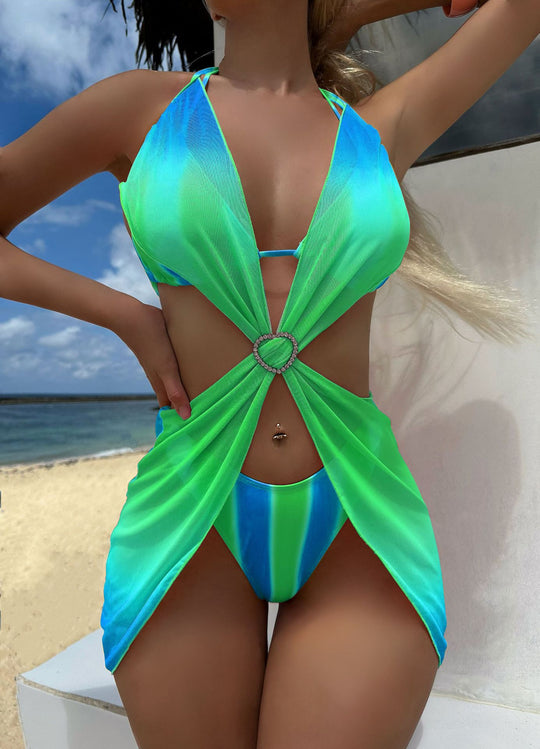Damen Trendiges Zwei-in-Eins-Bikini-Set mit modischem Wickelrock EB