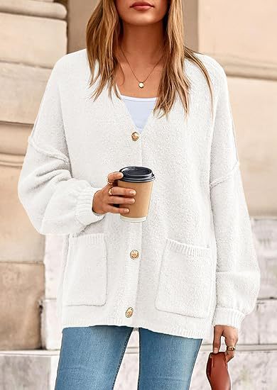 Damen Oversized Strickjacke mit Knöpfen und großen Taschen EB