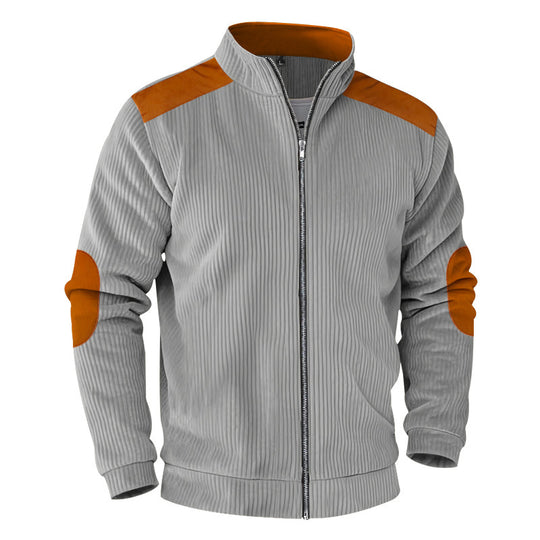 Herren nan gerippte Stehkragen-Sweatjacke mit durchgehendem Reißverschluss, Schulter- und Ellbogen-Patches EB