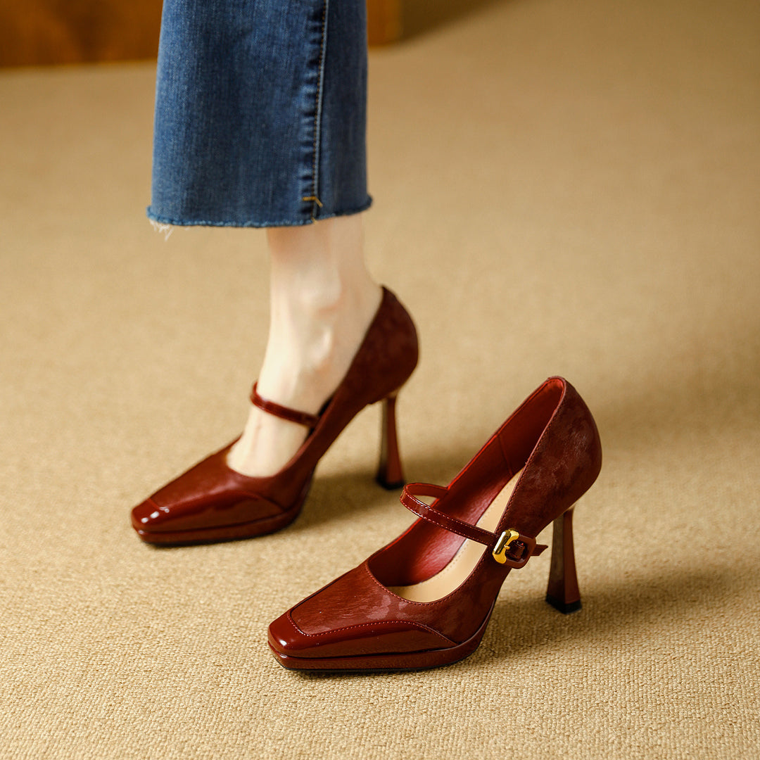 Damen elegante Mary Jane Pumps mit luxuriösem Glanz und modischem Riemendesign EB
