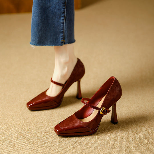 Damen elegante Mary Jane Pumps mit luxuriösem Glanz und modischem Riemendesign EB