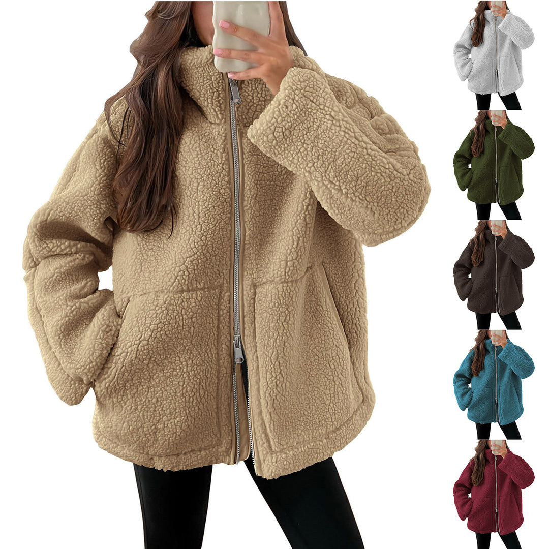 Damen nan oversized Teddyfelljacke mit Stehkragen Reißverschluss und aufgesetzten Taschen EB