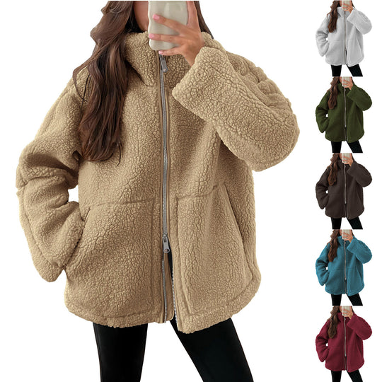 Damen nan oversized Teddyfelljacke mit Stehkragen Reißverschluss und aufgesetzten Taschen EB