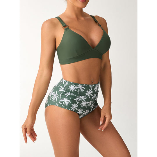 Damen Bikini-Set mit hohem Bund und modischem Palmendruck EB