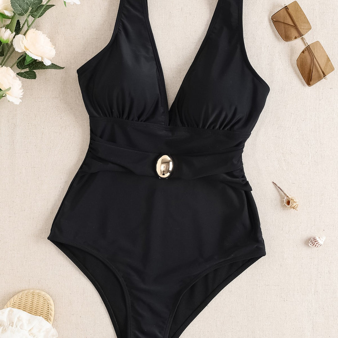 Damen Einteiliger Badeanzug mit tiefem V-Ausschnitt und eleganter Gürteldetails EB