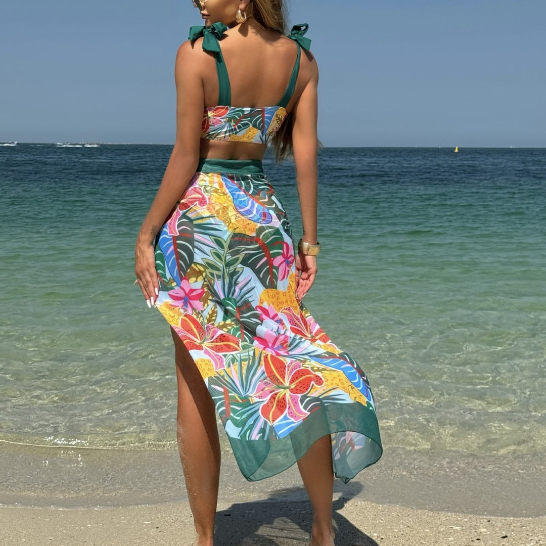 Damen Zweiteiliges Bikini-Set mit floralem Trend und durchsichtiger Wickelrock EB