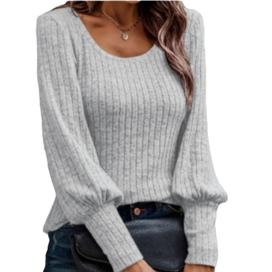 Damen Strickpullover mit Ballonärmeln und feinem Rippmuster EB