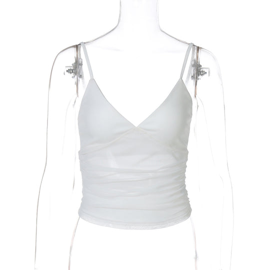 Damen Spaghetti-Träger Blusenoberteil mit transparenter Drapierung EB