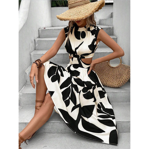Damen Maxikleid mit Blätterdesign und Cut-Out-Details EB