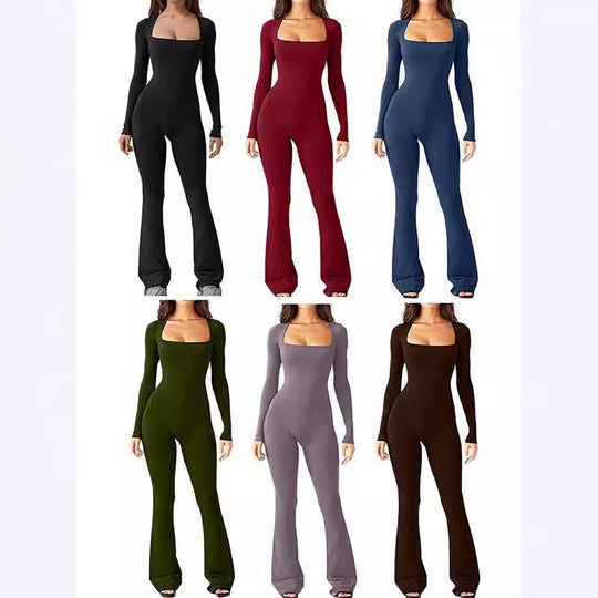 Damen nan figurbetonter Langarm-Jumpsuit mit quadratischem Ausschnitt und ausgestellter Schlaghose EB