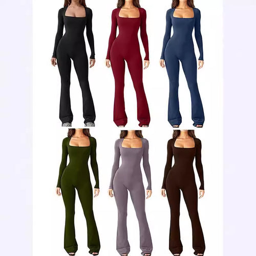 Damen nan figurbetonter Langarm-Jumpsuit mit quadratischem Ausschnitt und ausgestellter Schlaghose EB