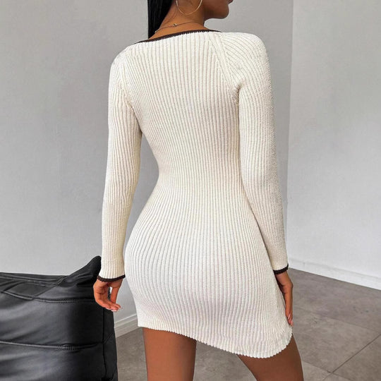 Damen figurbetontes Rippstrickkleid mit tiefem Ausschnitt und Seitenschlitz EB
