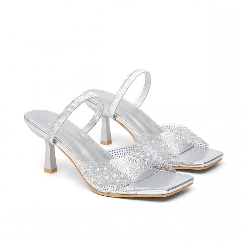 Damen elegante Slingback-Sandalen mit glitzernden Akzenten und breitem Blockabsatz EB