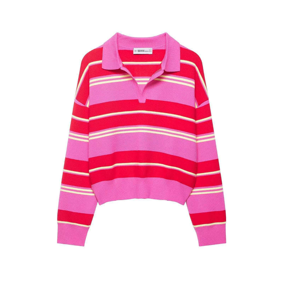 Damen nan gestreifter Rugby-Strickpullover mit Polokragen und weiter Oversize-Passform EB
