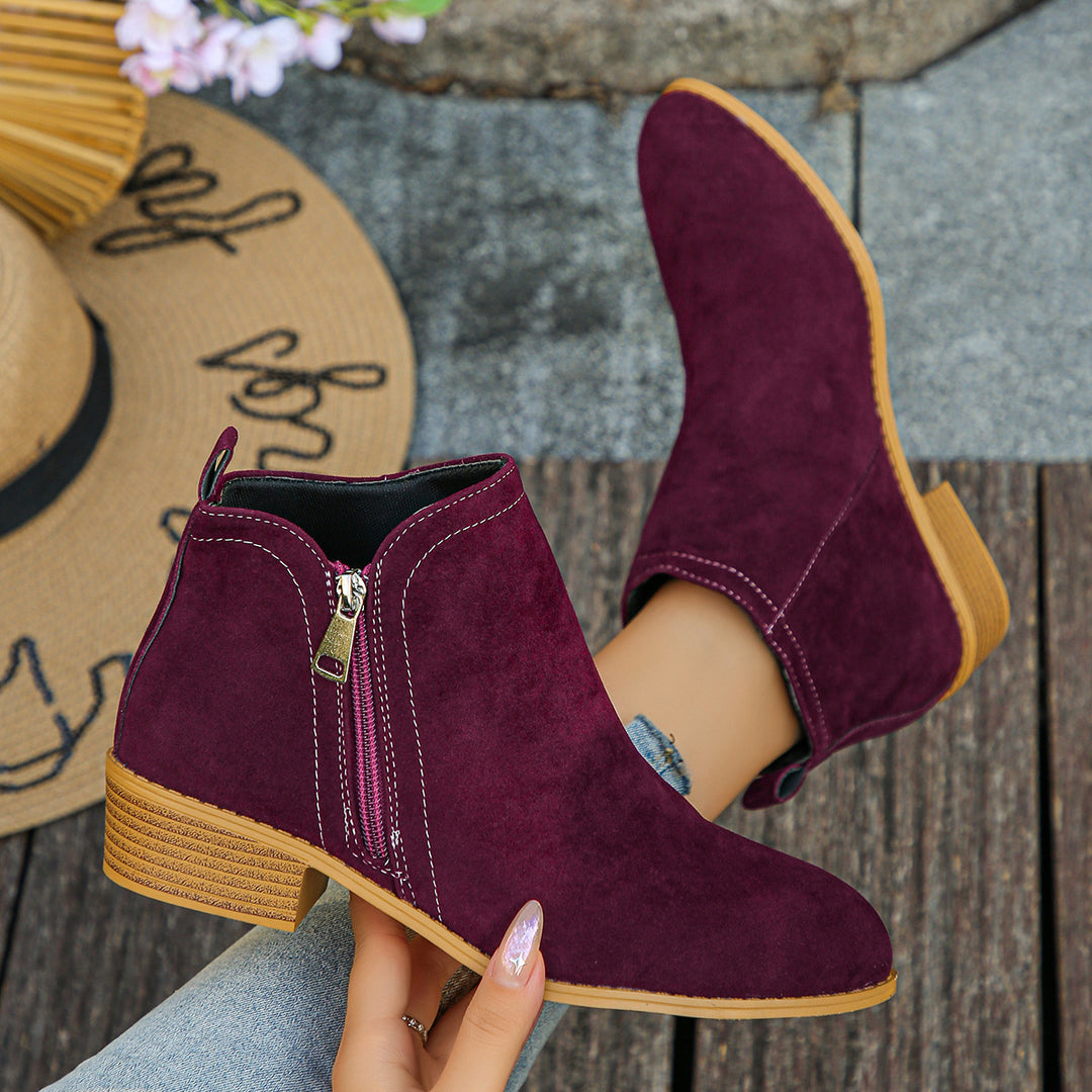 Damen elegante Ankle-Boots aus Velourslederimitat mit seitlichem Reißverschluss und niedrigem Blockabsatz EB