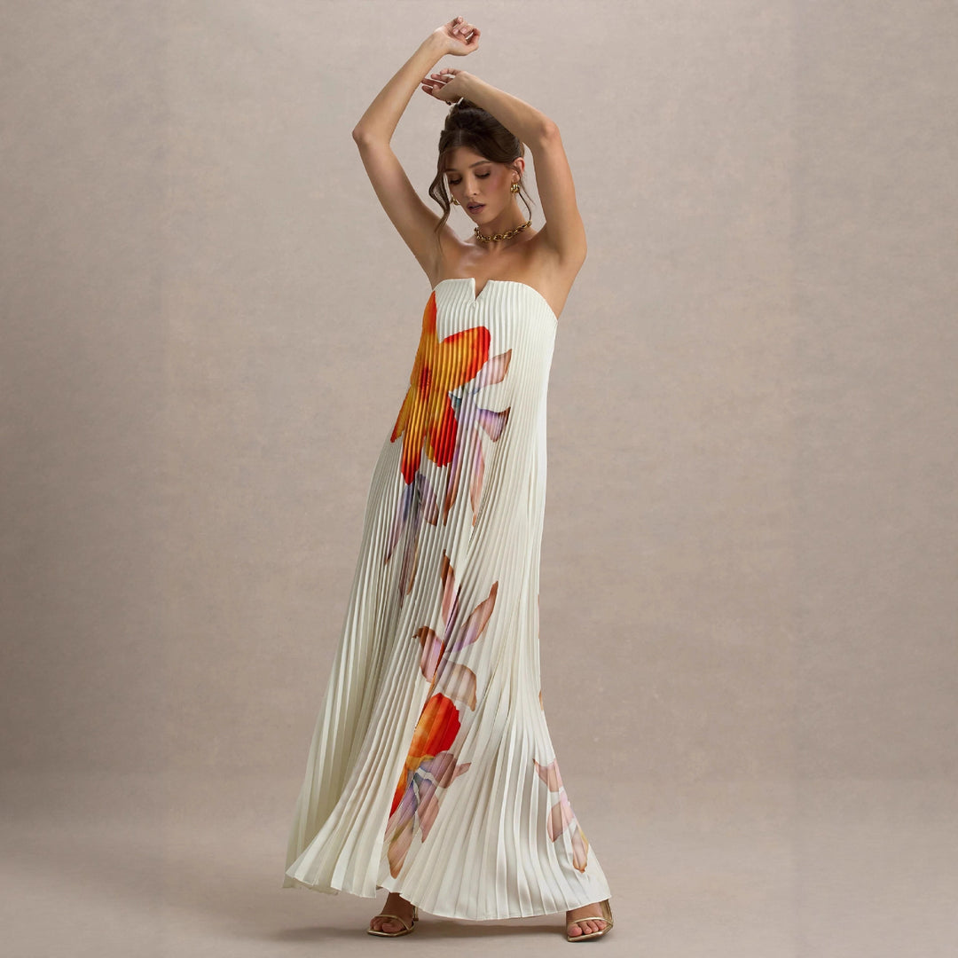 Damen Maxikleid mit plissiertem Design und floralem Druck EB