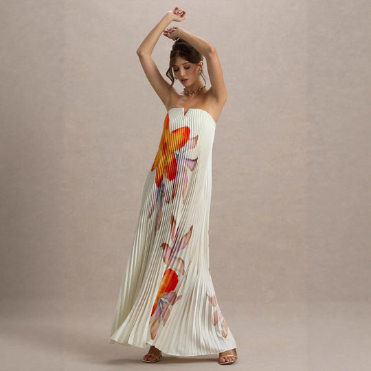 Damen Maxikleid mit plissiertem Design und floralem Druck EB