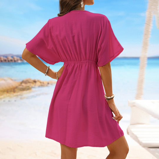 Damen Strandkleid mit elegantem V-Ausschnitt und zarten Spitzenverzierungen EB