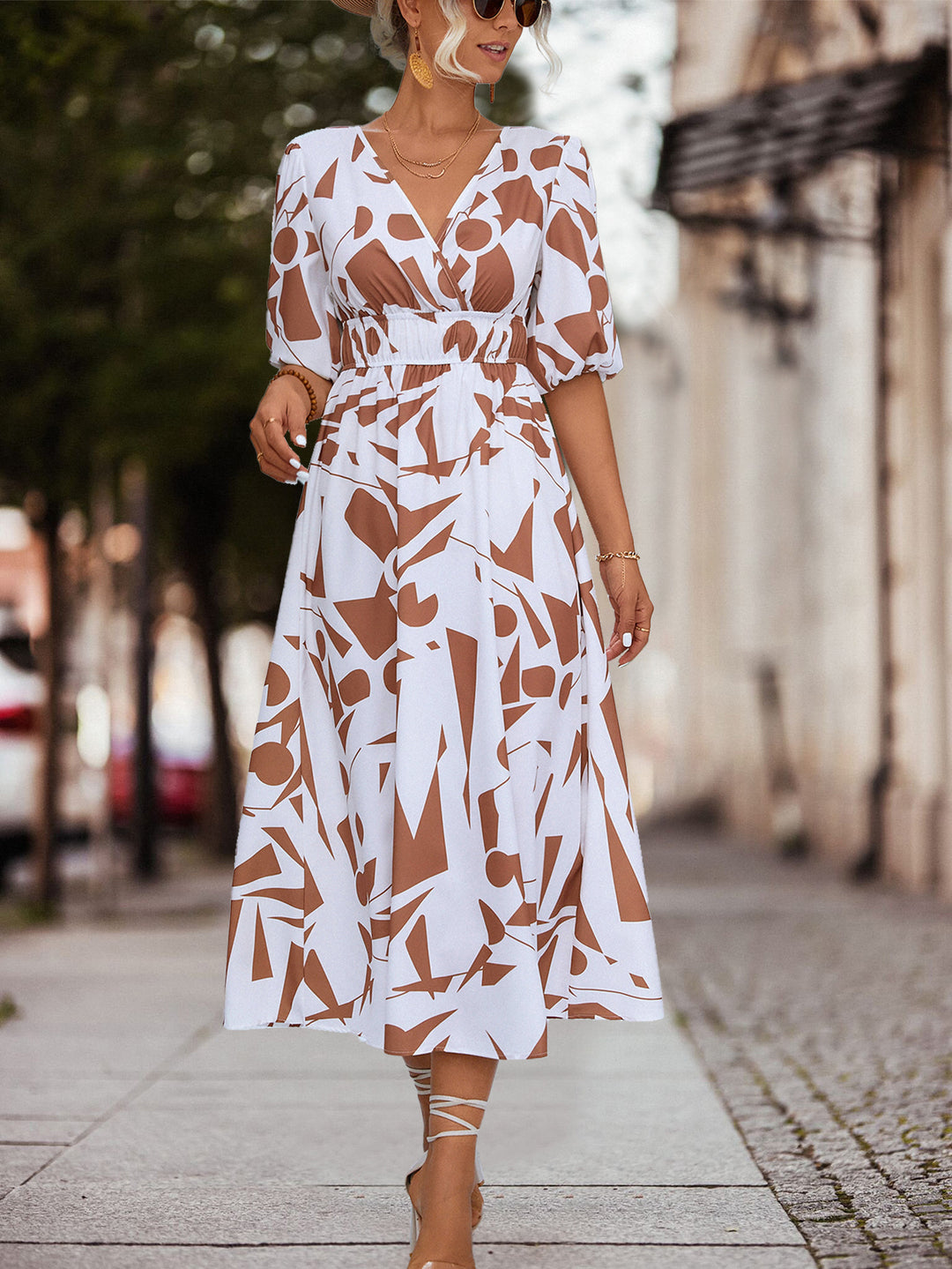 Damen Midikleid mit geometrischem Muster und elastischem Bund EB