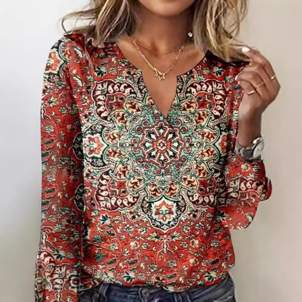 Damen Langarm-Bluse mit ornamentalem Mandala-Print und V-Ausschnitt EB