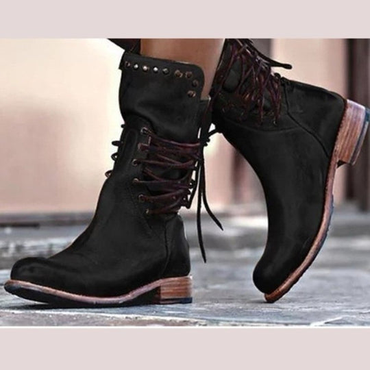 Damen Vintage‑inspirierte Schnür‑Stiefeletten mit Nietenrand und niedrigem Blockabsatz EB