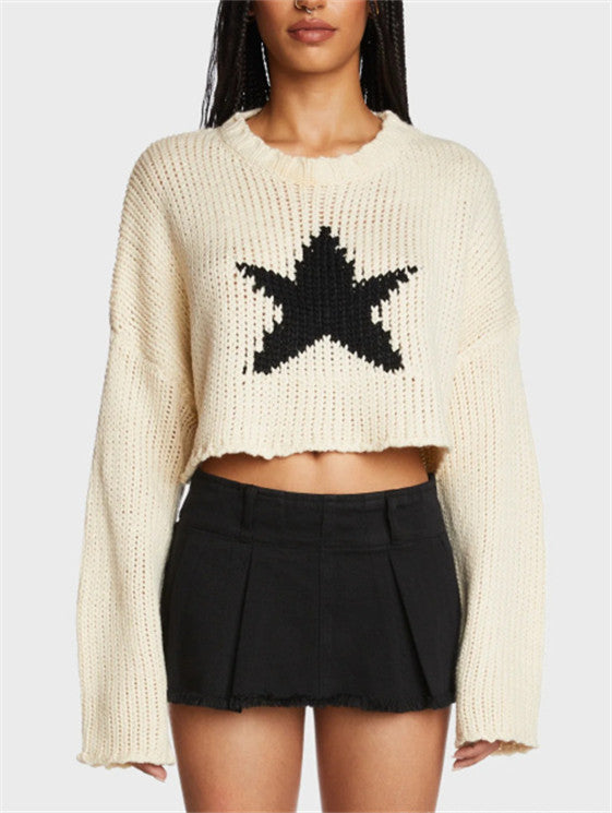Damen modischer Grobstrickpullover mit trendy Sternenapplikation EB